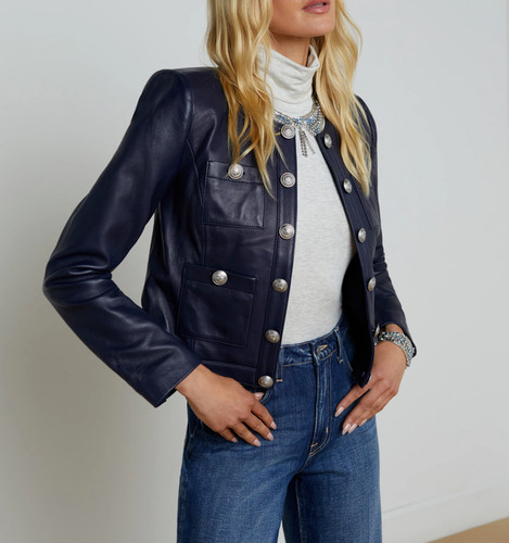 Navy blue leather trucker - blue,